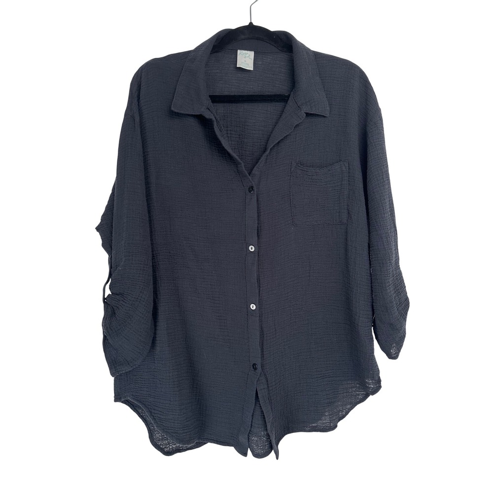 Kona Sol Black Cotton Gauze Roll Tab Sleeve Swim Cover Up Button Down Shirt M